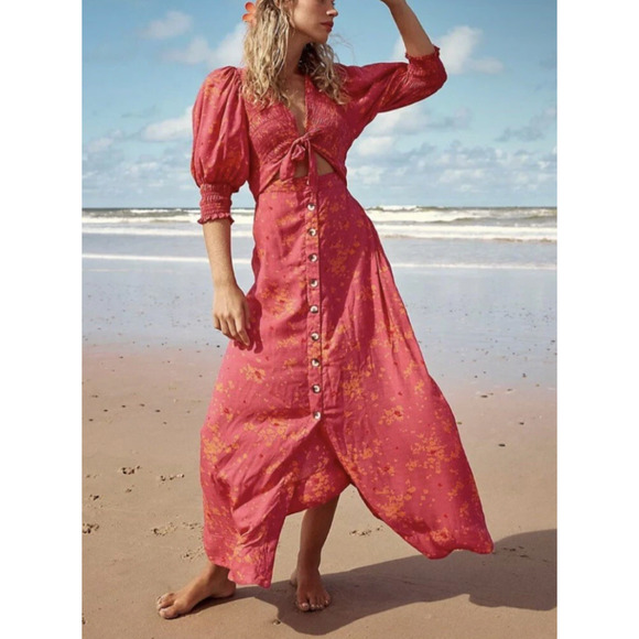 FREE PEOPLE String Of Hearts Women's Size XL Pink/Orange Printed Boho Maxi Dress - Picture 5 of 14